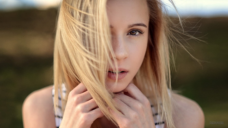 face, hair in face, 720P, bokeh, women, women outdoors, Anton Parshunas, blonde, portrait, dark eyes