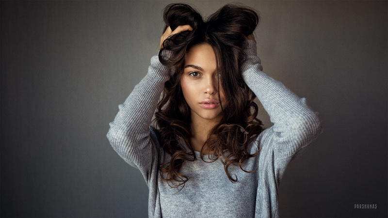 hands in hair, 1080P, women, portrait, brunette, face, Anton Parshunas, dark eyes, simple background, long hair, sweater