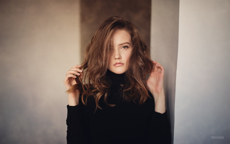 looking at viewer, black shirt, women, brunette, brown eyes, 1080P, Anton Parshunas