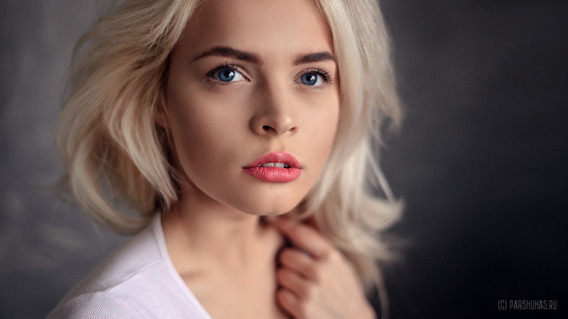 Kristina Mamatyukova, 720P, portrait, blonde, blue eyes, face, women, Anton Parshunas, bokeh