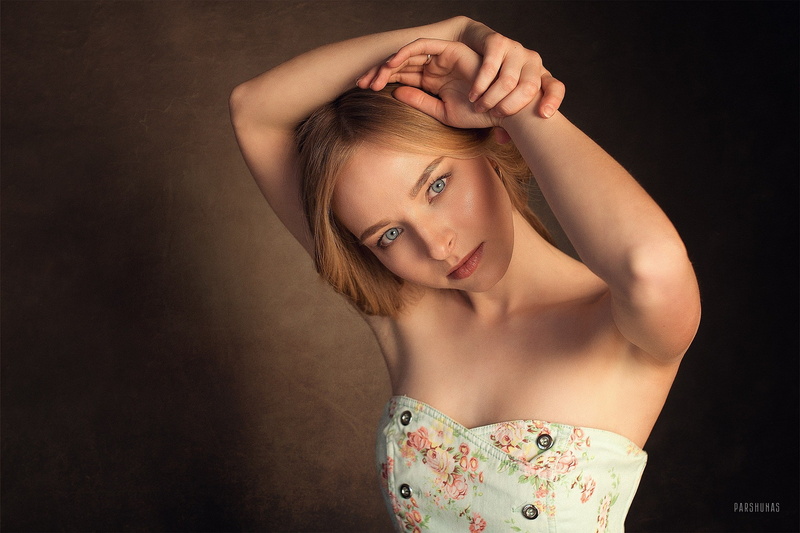 face, Anton Parshunas, model, portrait, blonde, arms up, armpits, women, looking at viewer, blue eyes, 1080P, bare shoulders