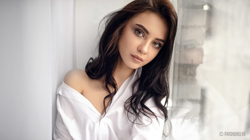 720P, white, eyeshadow, women, brunette, green eyes, no bra, portrait, Anton Parshunas, face, long hair, white shirt