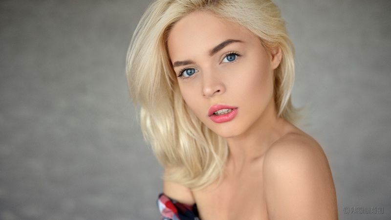 blue eyes, bare shoulders, open mouth, adult, glamour, beautiful people, blond hair, fashion, women, Anton Parshunas, close-up, face, body part, beauty