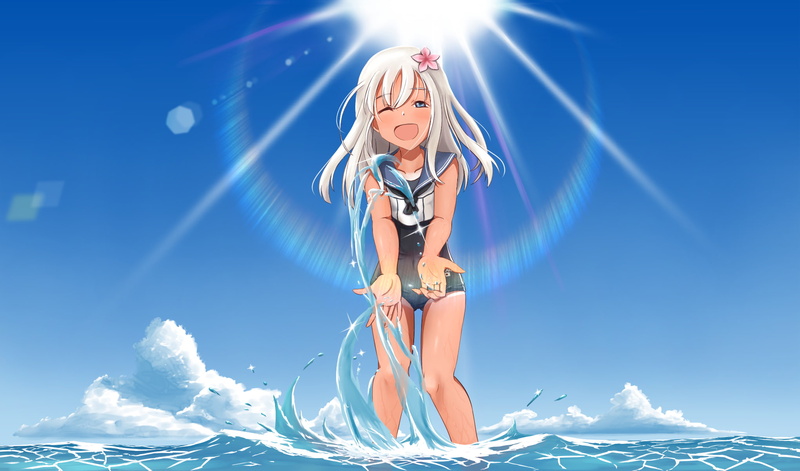collection, eyes, anthropomorphism, ro-500, water, 261427, 1080P, blonde, clouds, flowers, konachan, lines, wink, ggxfa, (kancolle), com, hair, tan, blue
