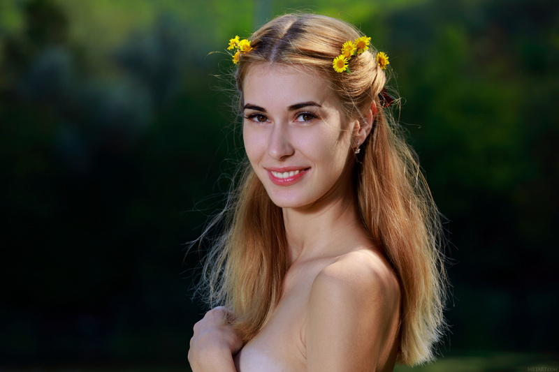 blonde, flowers, tan lines, Aileen, 5K, smiling, trees, women, Met-Art, women outdoors, nature