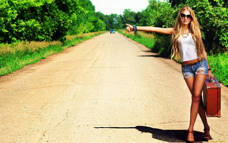 women, blonde, jean shorts, model, legs, 1080P, road
