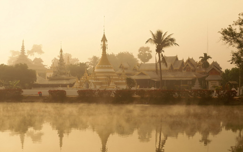 Wat Chong Kham, spirituality, tree, religion, belief, Golden Triangle, building, outdoors, palm tree, place of worship, Thailand, tropical climate, reflection