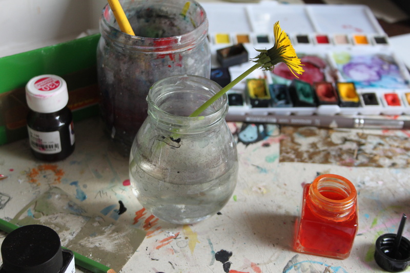 focus on foreground, the colour of the, close-up, painting, paintbrush, food and drink, messy, graphics, artist, table, bottle, household equipment, water