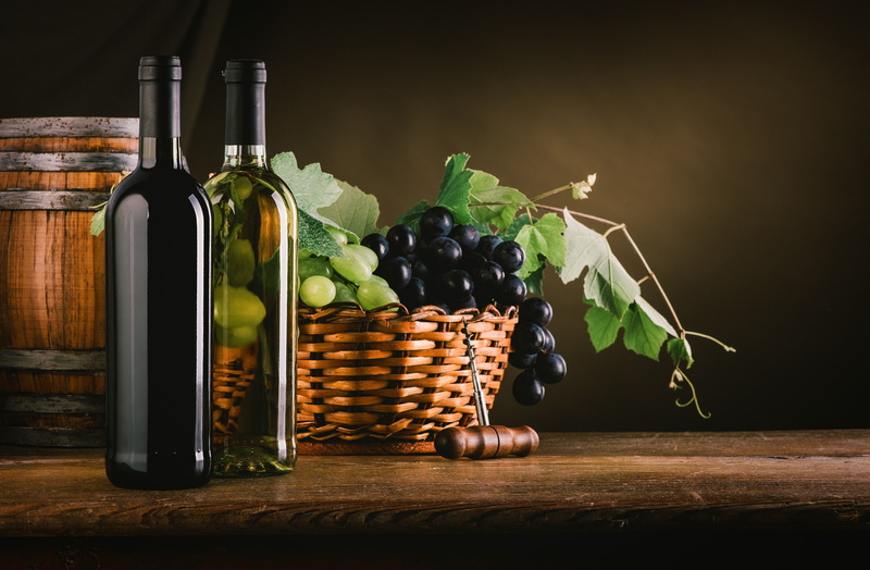 2K, leaves, basket, wine, corkscrew, bottle, barrel, twilight, grapes