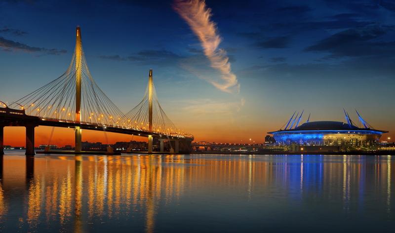 Saint Petersburg, twilight, illumination, diameter, MyDizArt_ru, Western, stadium, Cable-stayed bridge, 2K, speed, Parsadanov, Neva