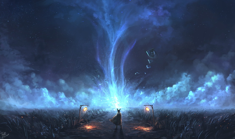 magic, fantasy, figure, Cosmic Resonance, 2K, trail, rabbit, lights, grass, vortex, art, TomTC