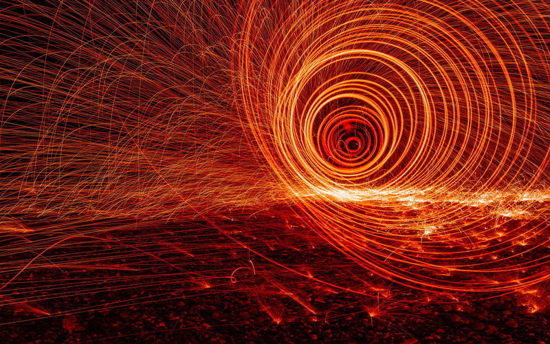 night, pattern, light, wire wool, spiral, spiral vortex lights abstract long exposure sparks heat streaks light painting, no people, abstract, sparks, red
