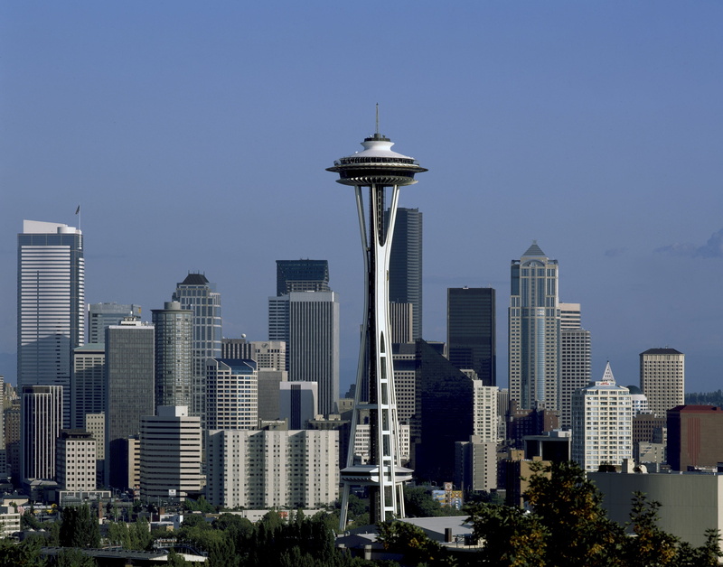 architecture, blue, space, scenic, office building exterior, outdoors, urban skyline, built structure, travel destinations, panoramic, space needle, spire