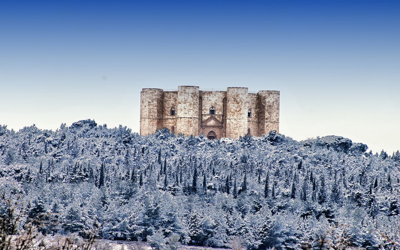 hd, castle, nature, snow, monte, trees, winter, 1080P, castel, del