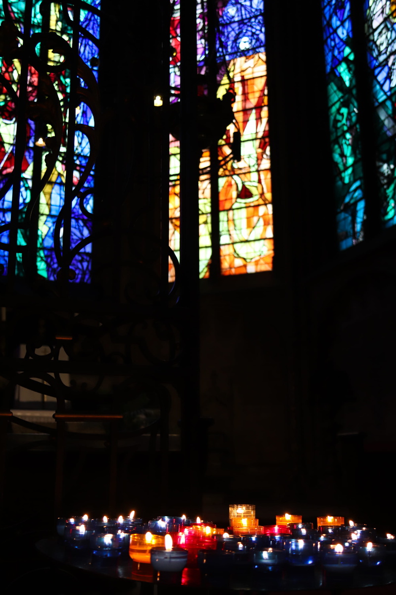 built structure, spirituality, metz, building exterior, candle, stained glass, glass, colorful, colors, stained glass window, 2K, orange, cathedral, abstract