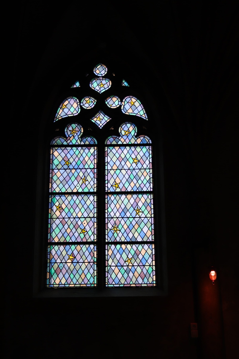 stained glass window, window, yellow, glass - material, indoors, no people, ceiling, dark, built structure, star, multi colored, ornate, architecture, place of worship