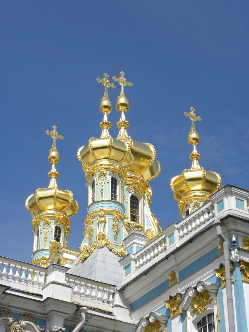 gold Colored, ornate, palace of catherine the great, built Structure, religion, gold, building exterior, nature, dome, low angle view, blue sky, no people