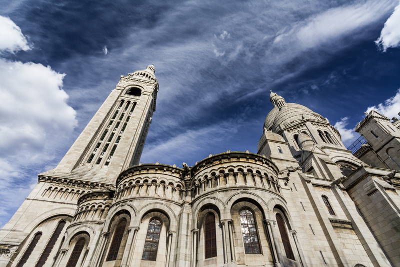cathedral, catholic, montmarte, travel, sky, travel destinations, sunny, urban, france, ancient, built structure, architectural column, blue sky, basilica