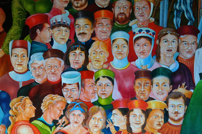 variation, multicolored, artists, illustration, 5K, painting, monastery of lorch, chapter hall, house of hohenstaufen, male likeness, laugh, people, large group of objects
