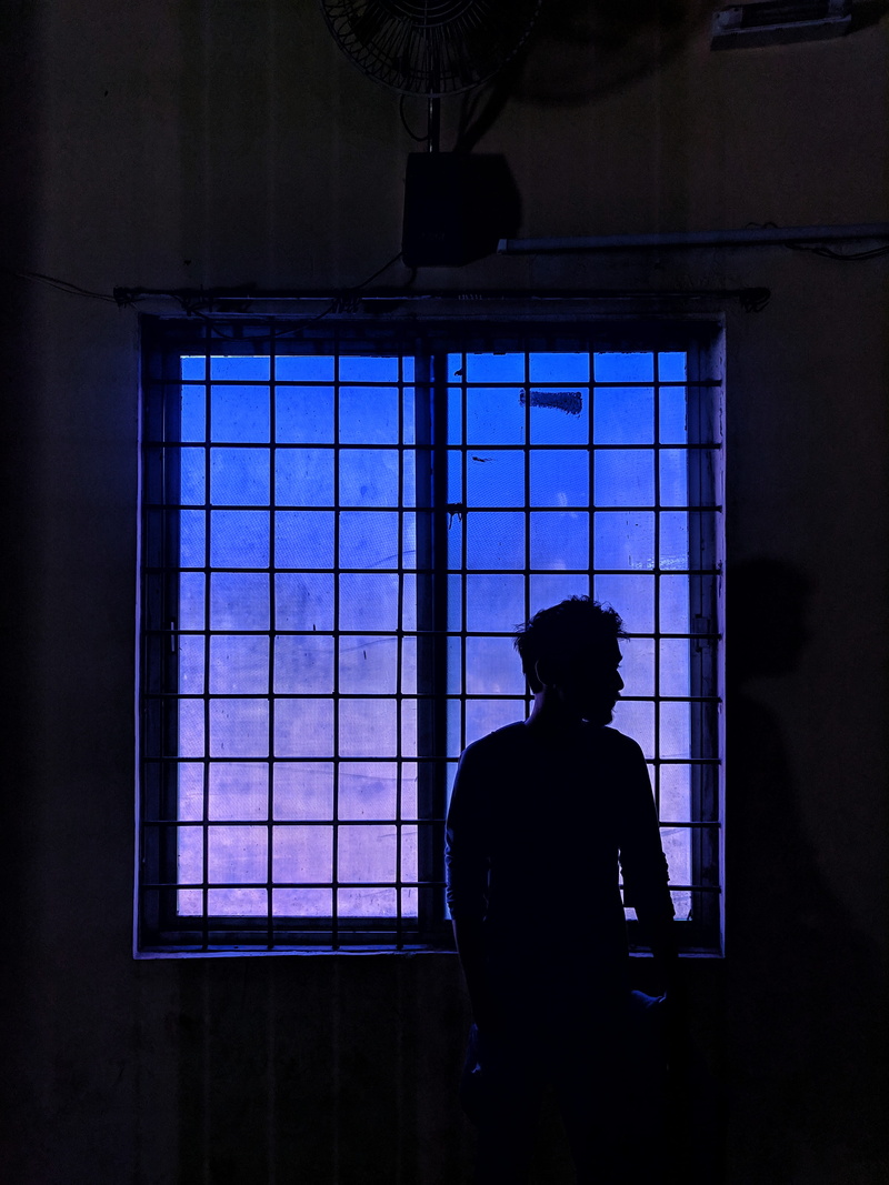 blue, brick, architecture, wall, building, lifestyles, nightlife, one person, 4K, sunlight, flare, indoors, leisure activity, art, person, stained glass