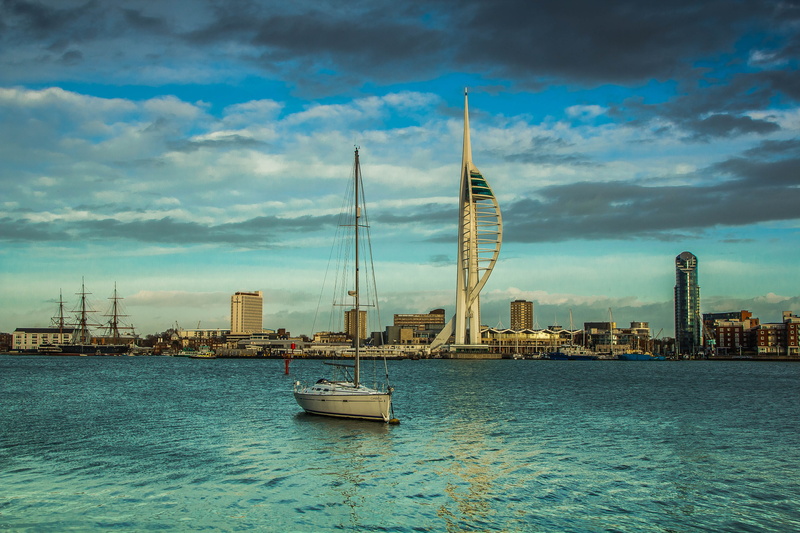 Sea, built structure, panorama, portsmouth, building, architecture, of the sea, harbour, cityscape, cloud - sky, Spinnaker Tower, transportation, 5K, mode of transportation