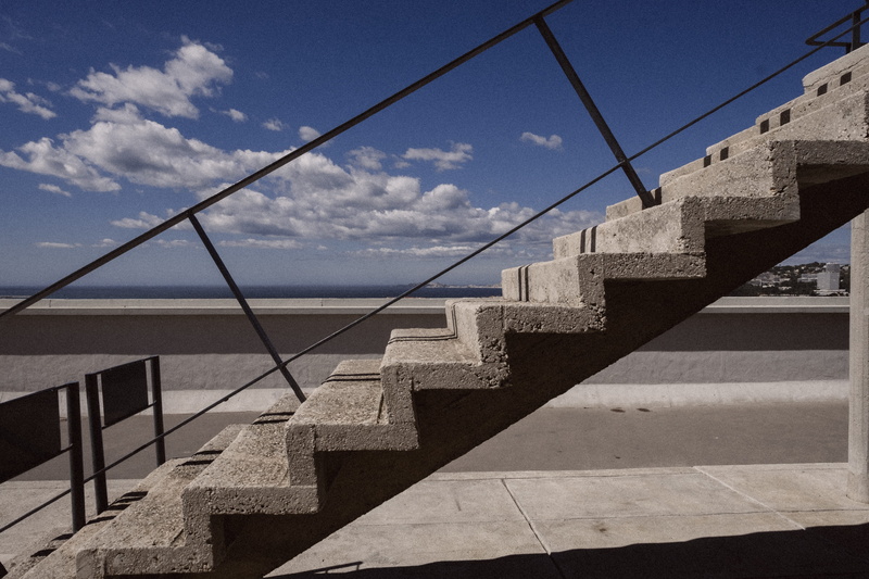 metal, water, architecture, railing, built structure, bauhaus, 5K, low angle view, staircase, no people, stairs, day, marseille, building exterior, nature