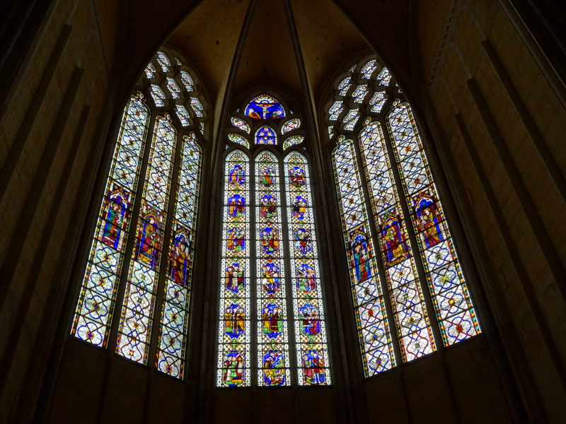 france, low angle view, ceiling, religion, cathedral, built structure, window, architecture, stained glass, no people, church, pattern, color, place of worship