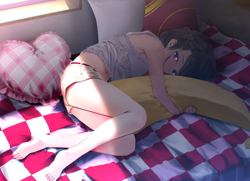 Anime, indoors, sleeping, pillow, one person, bed, home interior, high angle view, lying down, heart pillow, relaxation, young women, striped, day, real people