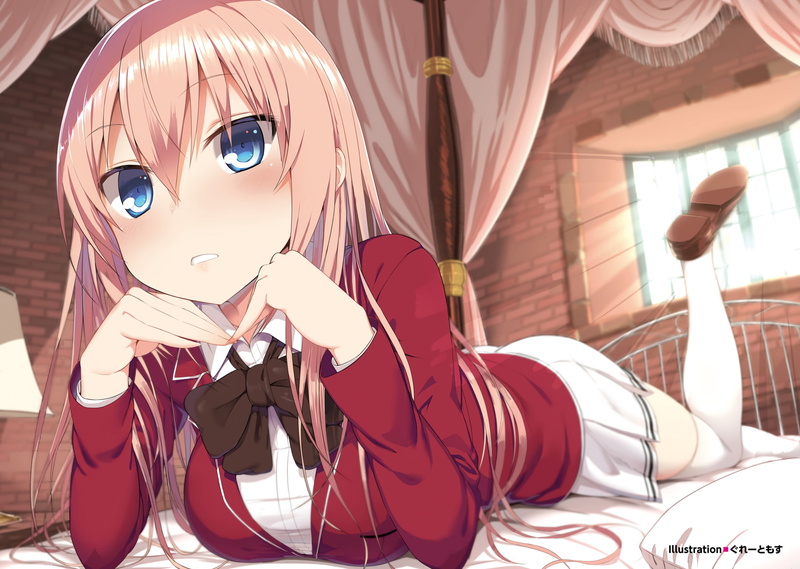 Classroom of the Elite, Bed, Lying Down, Blush, Girl, Honami Ichinose, Thigh Highs, Window, Long Hair, Skirt, Blue Eyes, Anime, Blonde, 1080P