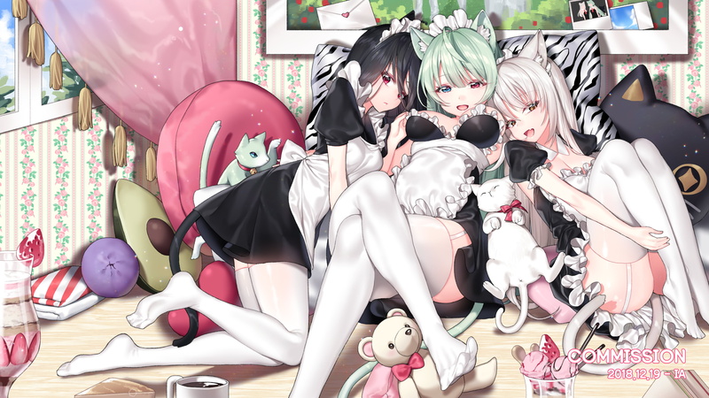 maid outfit, lying down, animal ears, in bed, thigh-highs, 4K, cat girl, cleavage, thick thigh