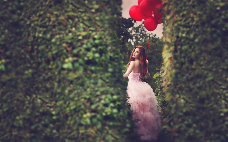 Girl, Balloons, Red, 1080P
