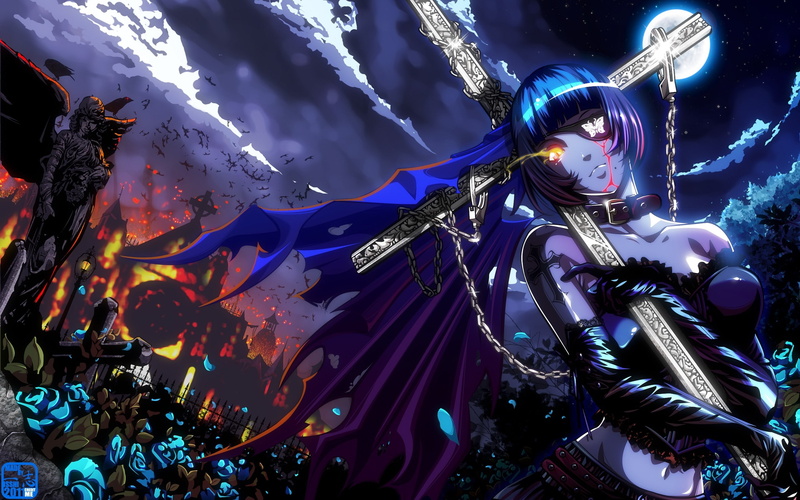eyepatch, gir, belts, shimei, tousen, moons, space, 2K, Flowers, art, anime, cross, hd, Fire, full, night, ikki, cemetery, moon, ryomou, blood