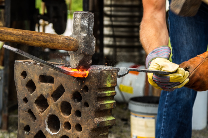 hammer, 4K, work tool, protective workwear, forging, human hand, metal, equipment, iron - metal, glow, industry, working, protection, iron, craft, metal industry