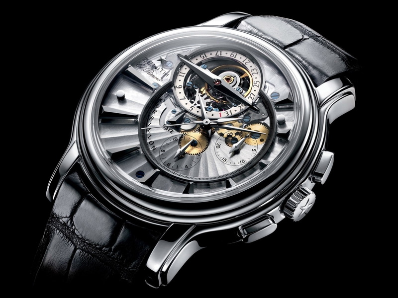 Watch, clock face, silver colored, alloy, chrome, Style, 720P, Close-up, metal, technology, studio shot, single object, Zenith el primero tourbillon, steel