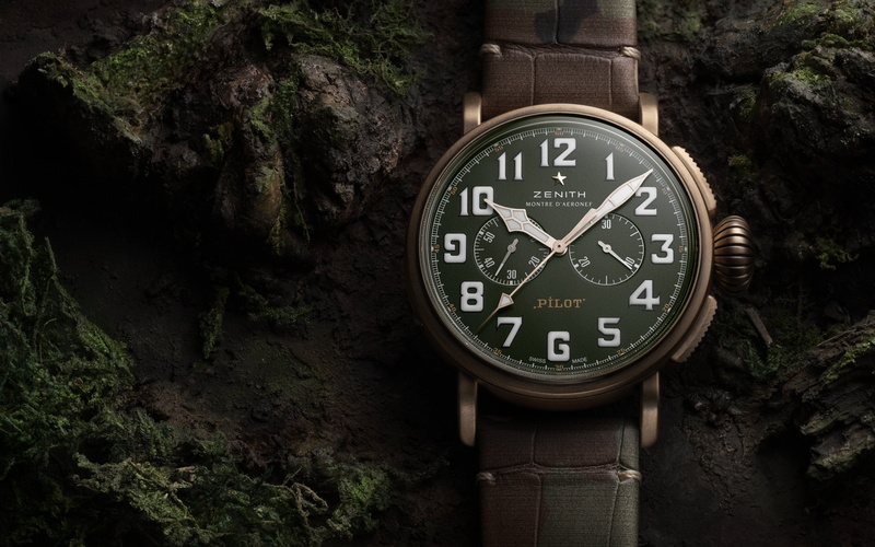 Swiss luxury watch, Zenith, Zenith Pilot Type 20 Chronograph Adventure, bronze, camouflage-motif alligator leather strap, bronze case, Swiss wrist watches luxury