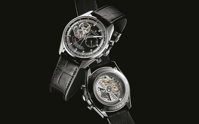 copy space, accuracy, watches, high angle view, primero, brand, wristwatch, close-up, black background, colored, time, zenith, advertisin, silver colored