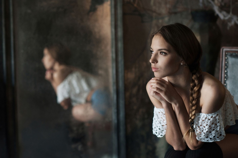 window, portrait, beautiful woman, focus on foreground, indoors, one person, contemplation, 1080P, Victoria Lukina, mirror, reflection, brown hair, hairstyle