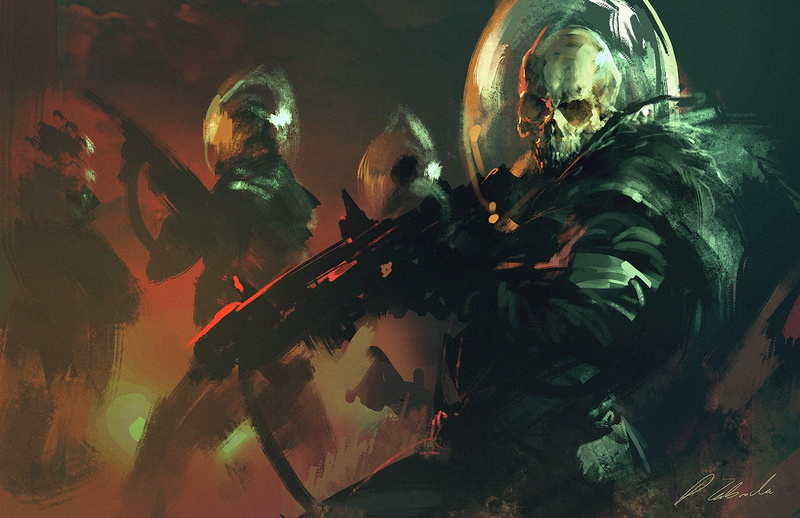 spacesuit, horror, Darek Zabrocki, space, fantasy art, artwork, 720P, skull, concept art, death