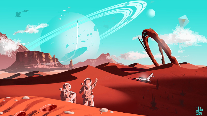 spacesuit, artwork, astronauts, spaceship, fantasy art, 4K, sky, Planet, desert, rocket, fantasy, landscape, digital art, clouds