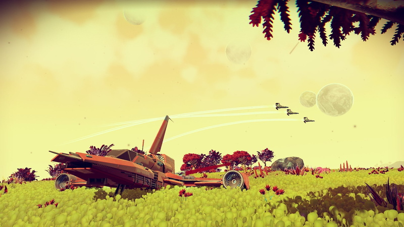 no people, field, land, landscape, nature, video games, outdoors, planet, No Mans Sky, grass, beauty in nature, flower, transportation, sky, growth, mode of transportation