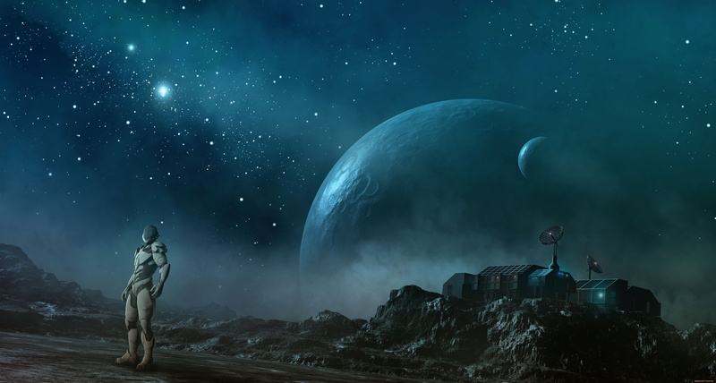 stars, rock, fantasy art, planet, 4K, astronaut, spacesuit, satellite, digital art, futuristic
