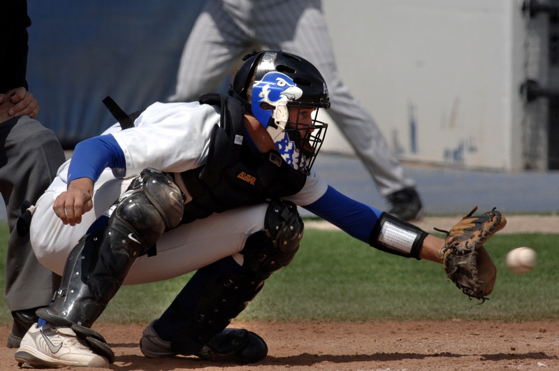 baseball player, clothing, game, security, headwear, home plate, ball, protection, full length, people, sport, playing, catcher, city, helmet, real people
