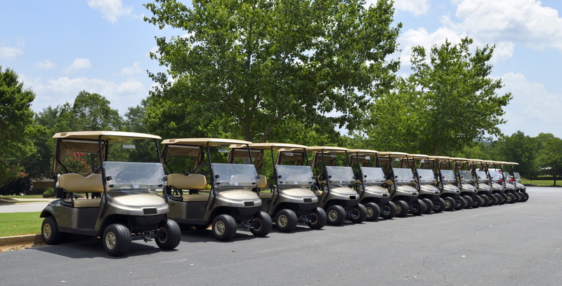 flag, golf cart, land vehicle, green, in a row, golfer, tree, outdoors, nature, caddy, sky, transportation, daytime, mode of transportation, tee, competition