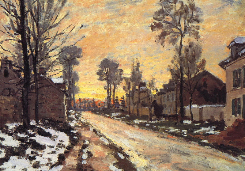 1080P, picture, Claude Monet, Road at Louveciennes. Melting Snow. Sunset, the urban landscape