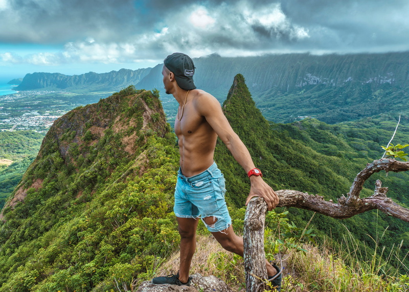 man, outdoors, tree, abs, one person, cloud - sky, unto, hike, 5K, holding, water, nature, land, young adult, top, shorts, lifestyles, men, leisure activity