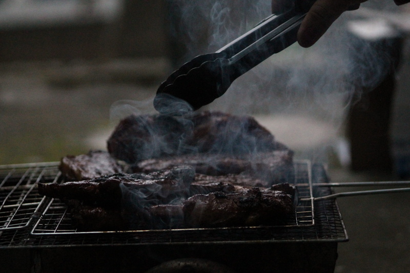 smoke, steak, day, hand, Grill, grilling, bbq, 4K, focus on foreground, holding, outdoors, smoke - Physical Structure, cooking, preparing food, beef, food