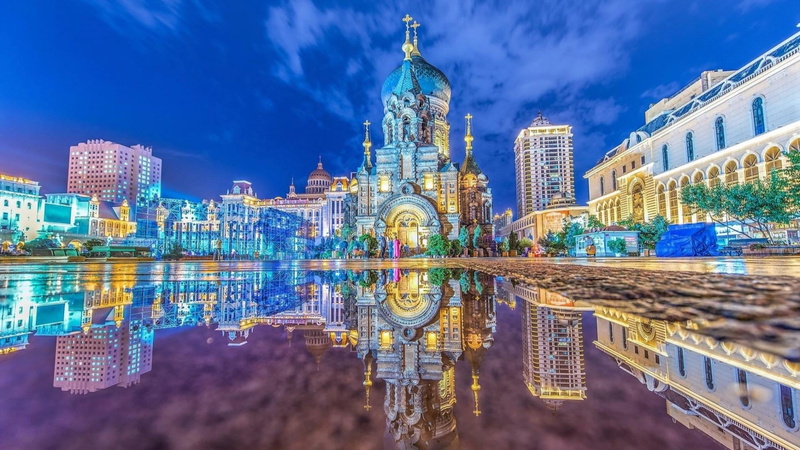 heilongjiang, religion, architecture, harbin, church, dusk, saint sophia cathedral, nature, building, cathedral, night, illuminated, no people, asia, building exterior