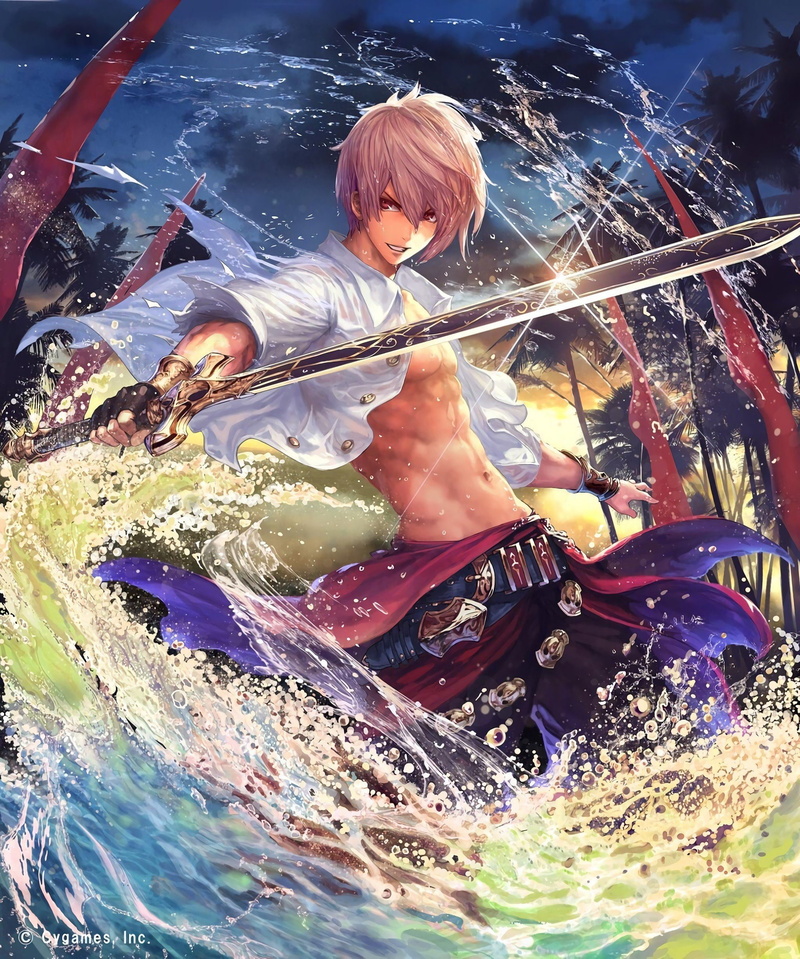 sunset, sword, smiling, anime, Albert (Shadowverse), Short Hair, water, dusk, Wet Clothing, 1080P, Anime Boys, belt, Shadowverse, Looking At Viewer, Abs