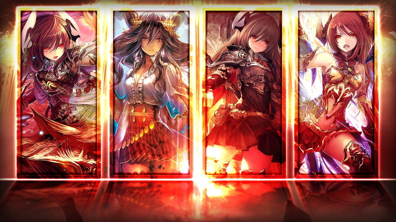 red, collage, red skirt, open mouth, 1080P, anime girls, armor, dress, anime, detached sleeves, skirt, long hair, red eyes, short skirt, brunette, Shadowverse