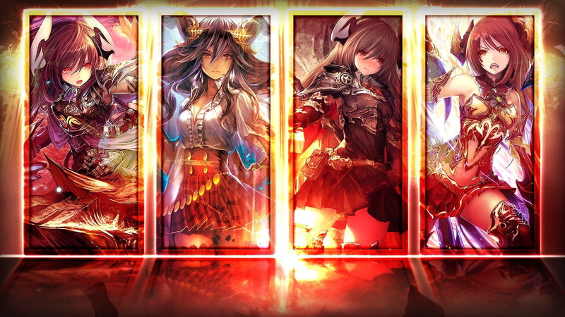 indoors, arts culture and entertainment, representation, male likeness, long hair brunette red eyes open mouth anime anime girls shadowverse thigh highs red skirt red skirt detached sleeves short skirt sunset dress armor collage